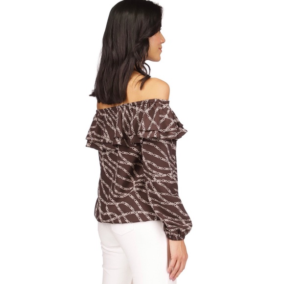 Michael Kors Women's Printed Stadium Ruffled-Overlay Off-The-Shoulder Top - Picture 3 of 8